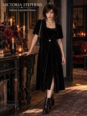 VTG Y2K Victoria Stephens Dress 18W Petite Black Velvet Layered Midi Dress Forma